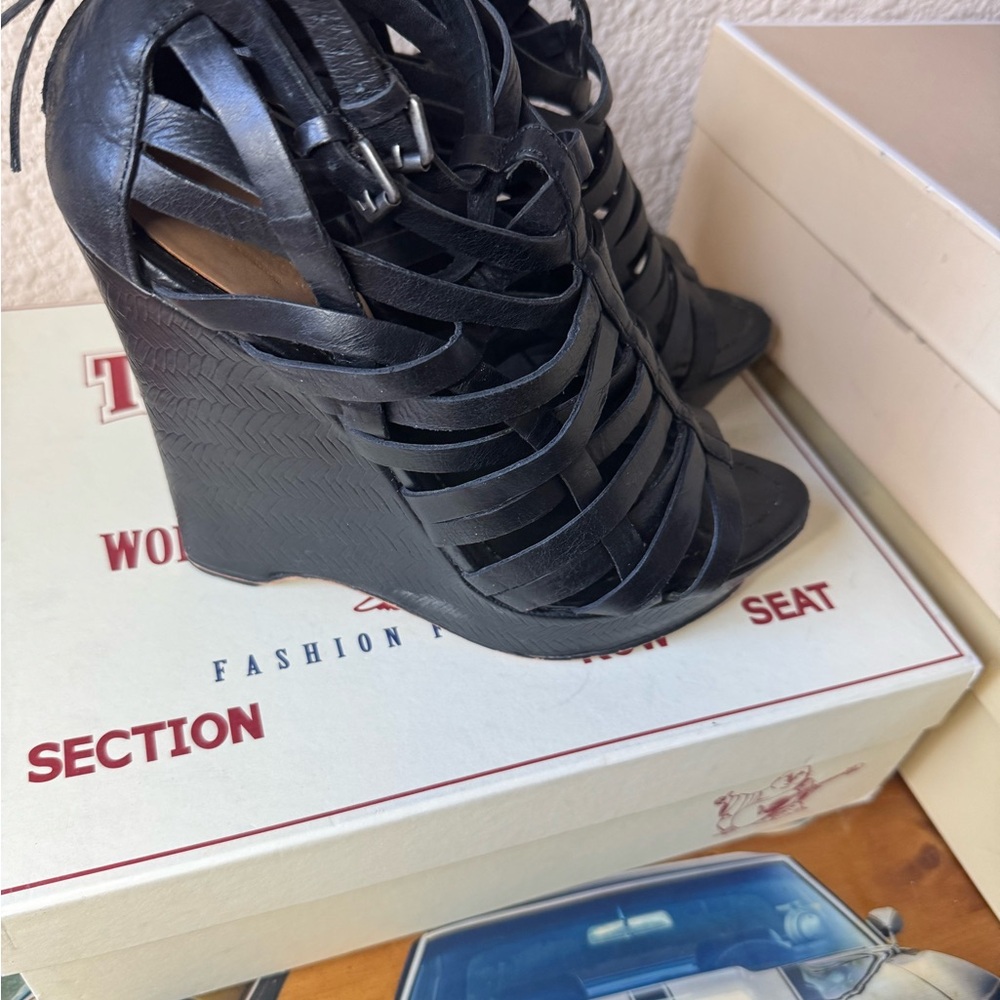 True Religion Black Wedge Sandals